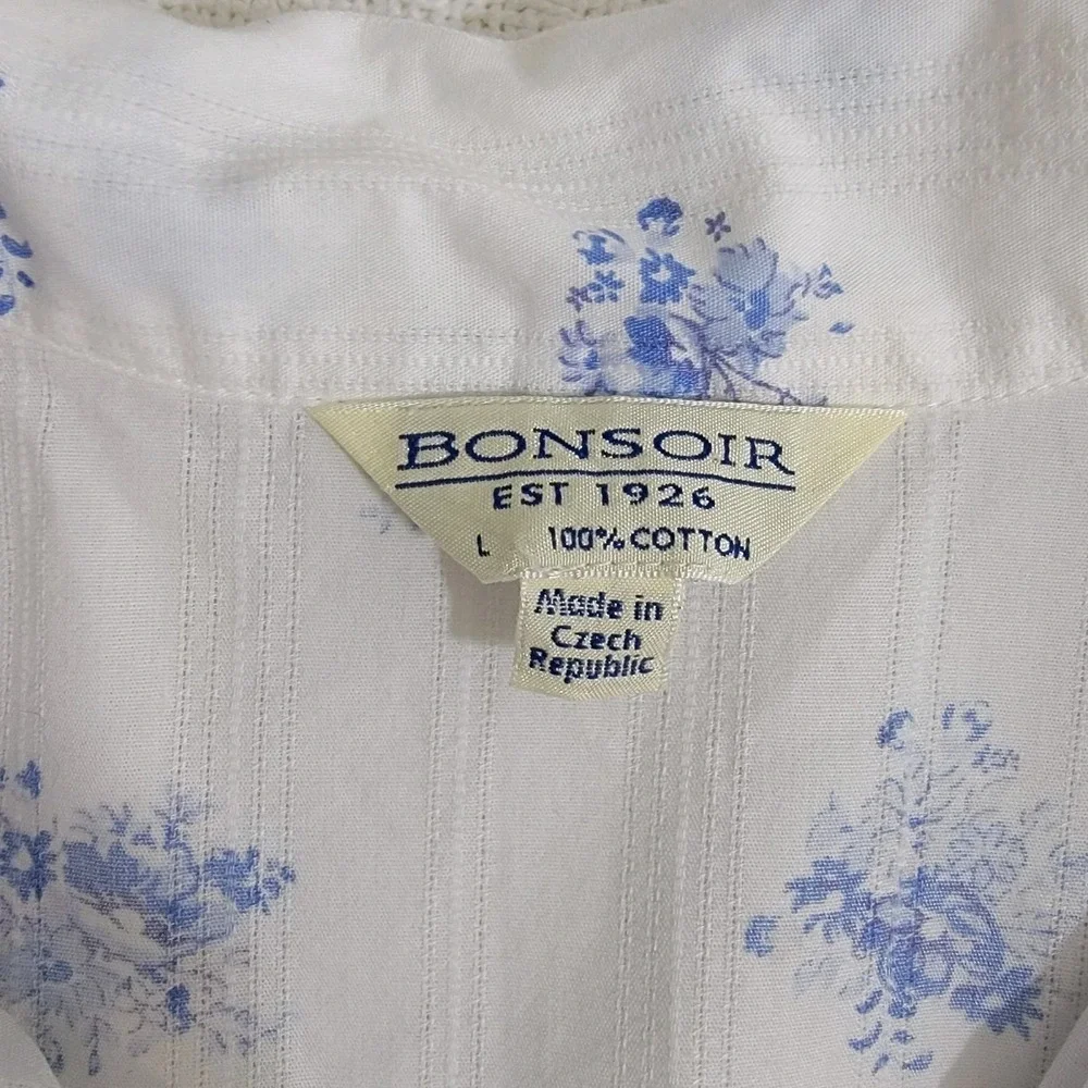 Bonsoir 100% Cotton Nightshirt Short Sleeve White Blue‎ Floral Button Front Sz L
